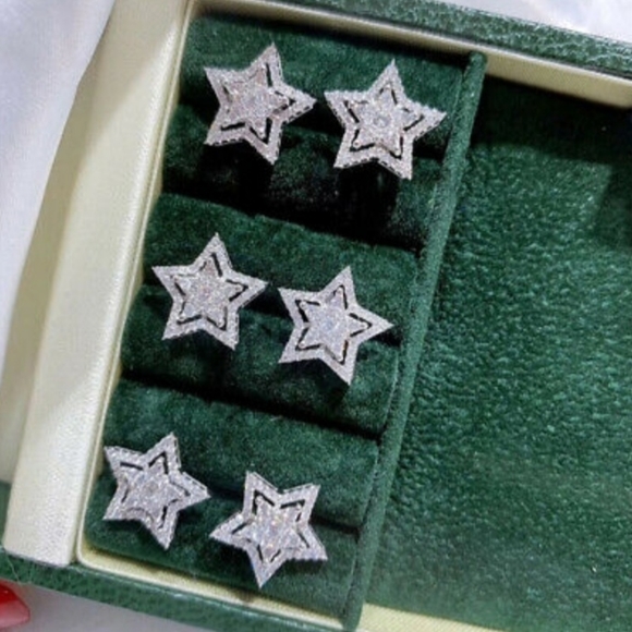 Diamond Star Burst Silver Stud Earrings - Picture 5 of 12